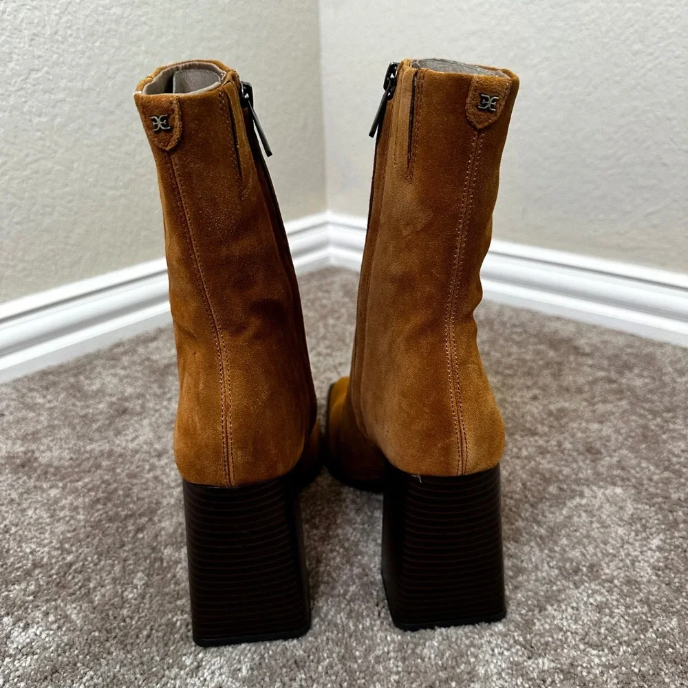 Sam Edelman Cognac Suede Square Toe Block Heel Ankle Boots Womens 10.5 M Western